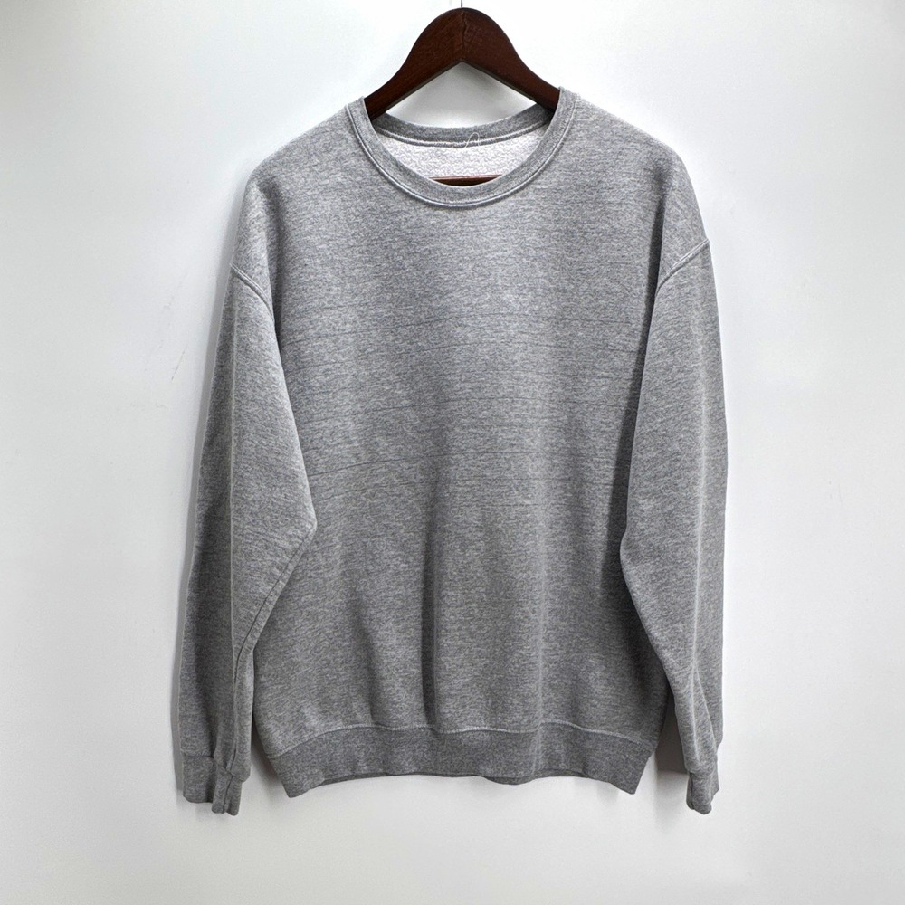 Men's Gray Solid Crew Neck Pullover Sweatshirt Fleece Cotton Blend Long Sleeve